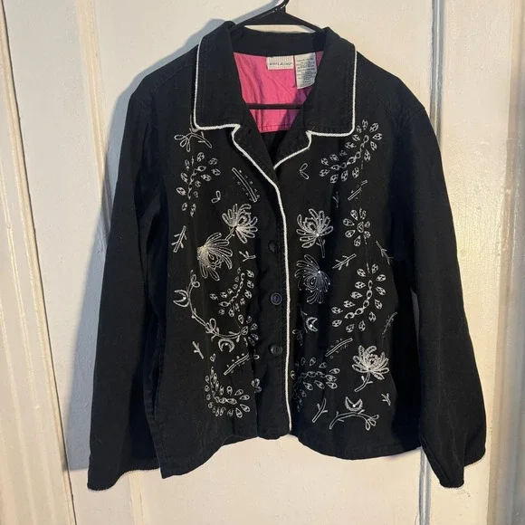 Vtg 90s Artsy XL Black Embroidery Floral Western Cotton Denim Jacket Celestial - Picture 1 of 9